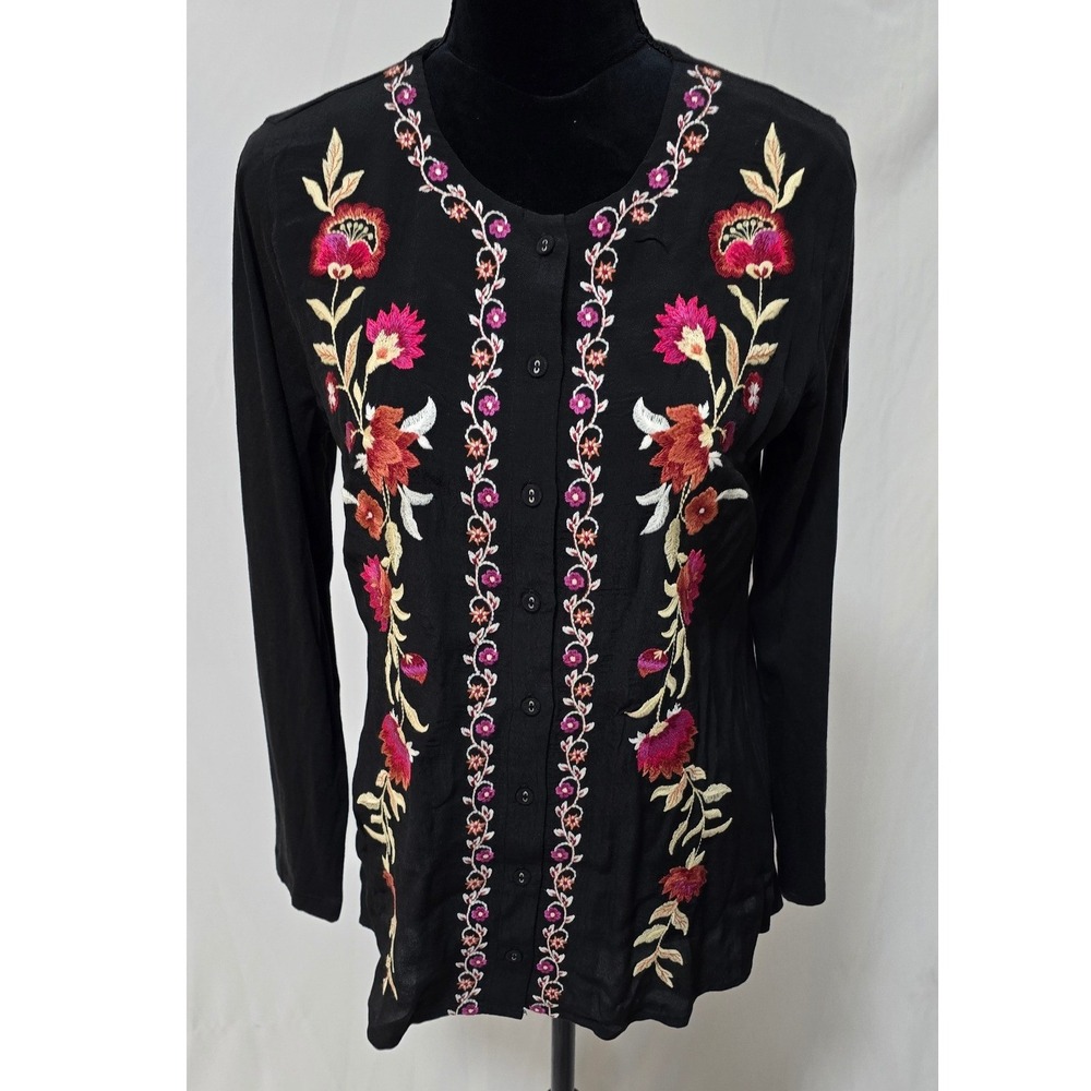 Soft Surroundings embroidered floral blouse women PS black long sleeve boho